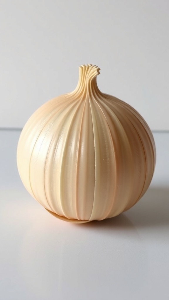 A detailed 3D printed onion model in natural colors on a clean surface.